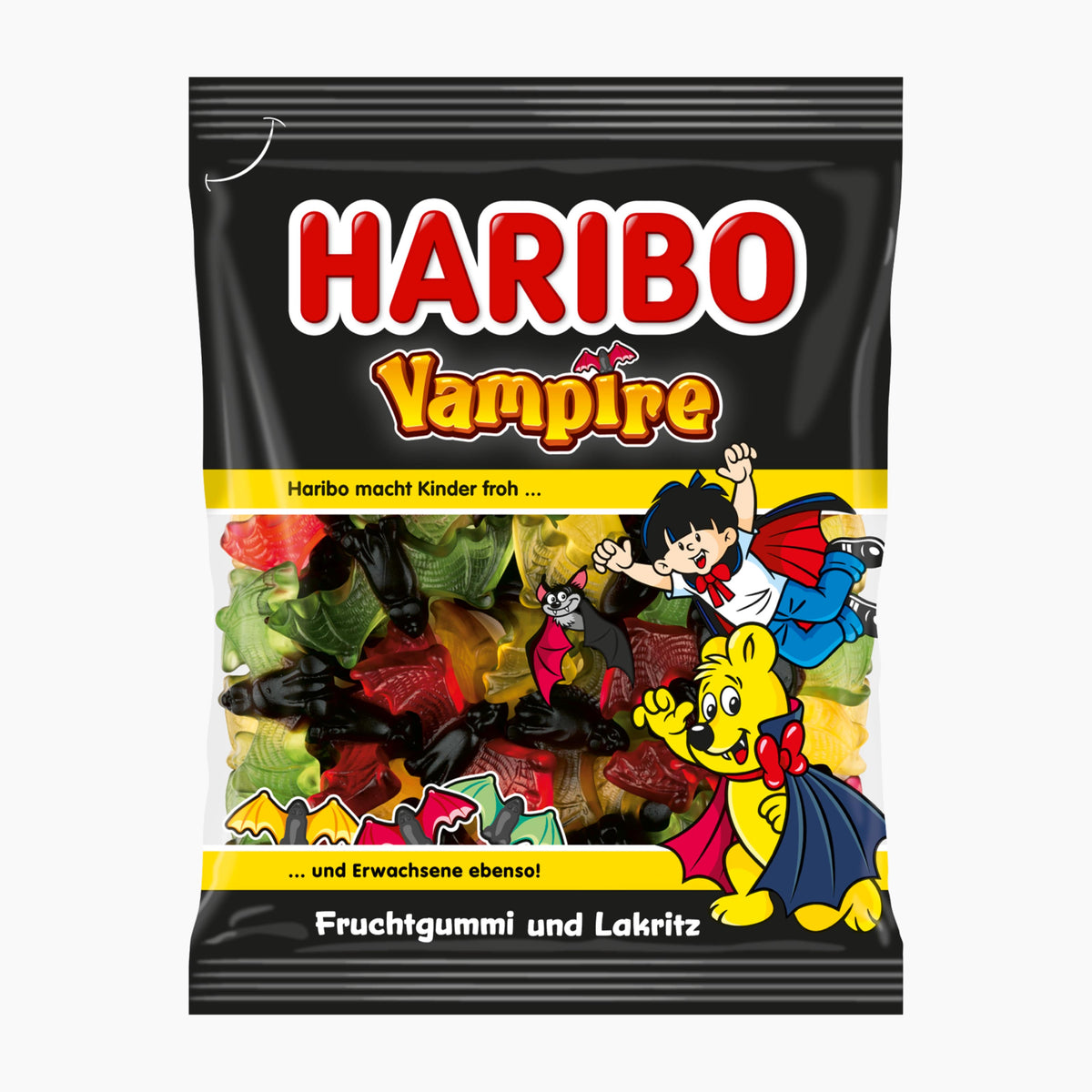 A bag of Haribo Vampire fruit gummies and licorice candy, featuring the iconic black packaging with red and yellow branding and illustrations of vampire characters.