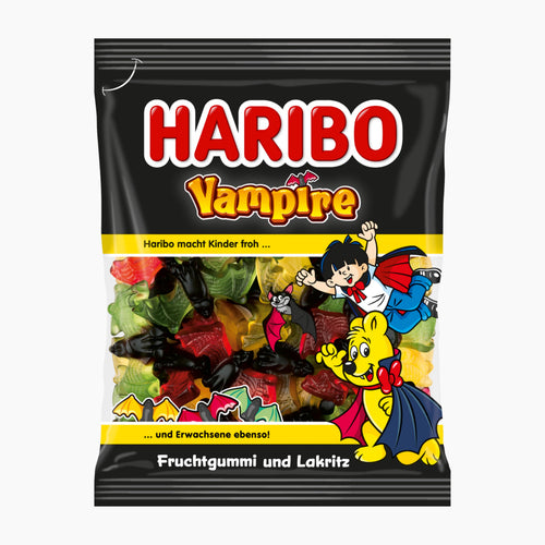 A bag of Haribo Vampire fruit gummies and licorice candy, featuring the iconic black packaging with red and yellow branding and illustrations of vampire characters.