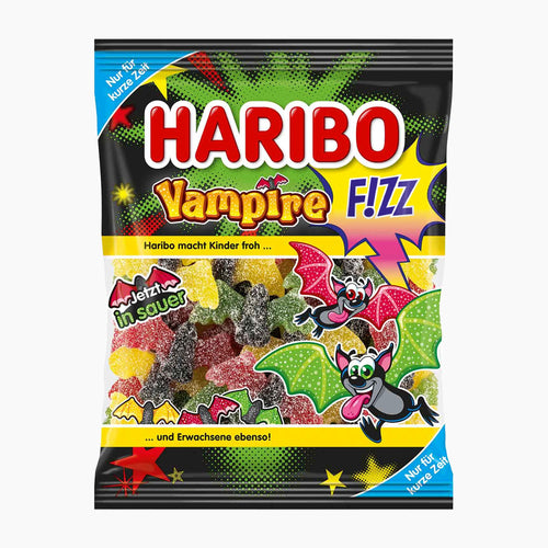 Haribo Vampire Fizz gummy candy bag on a light gray background.