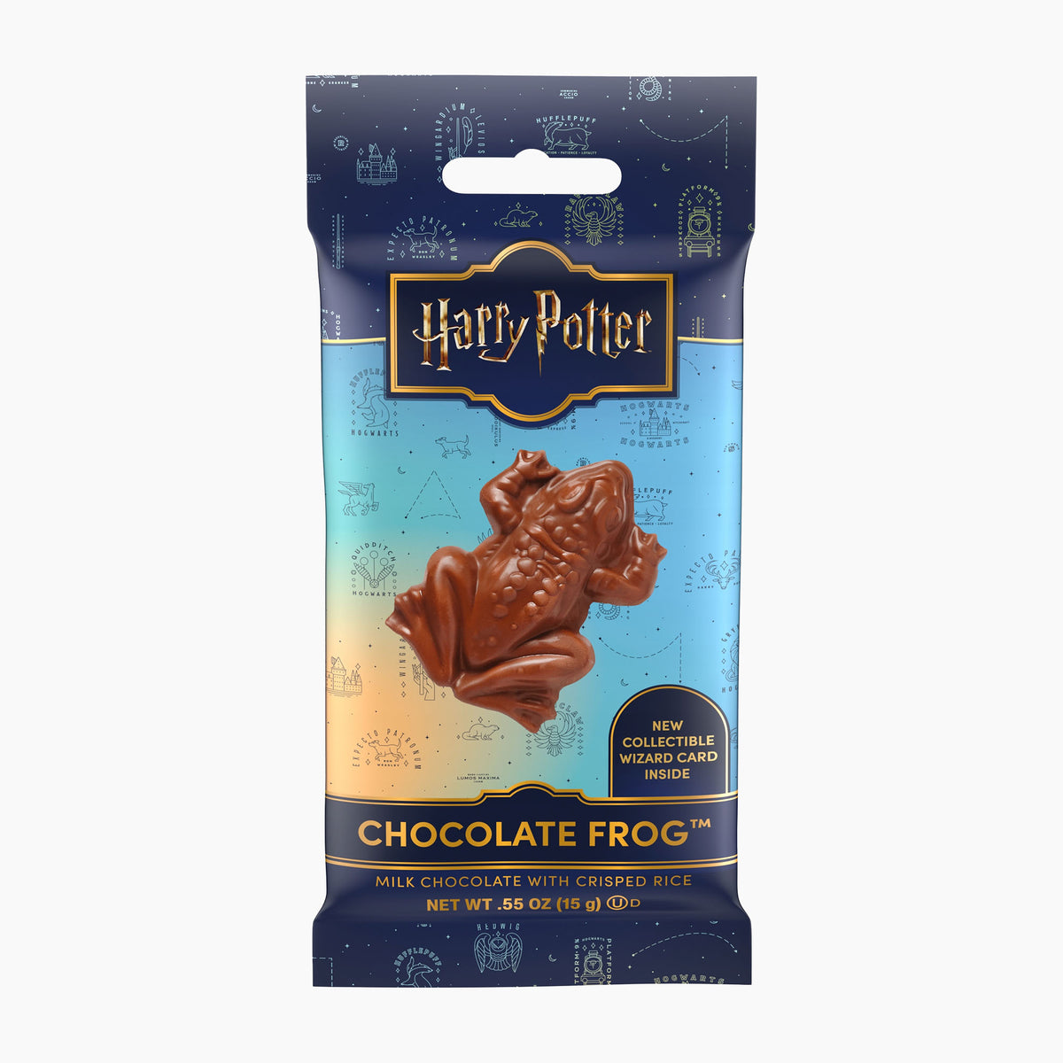 Packaged Harry Potter chocolate frog from Jelly Belly with blue and gold design on a light gray background.