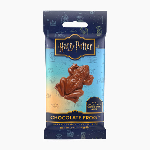 Packaged Harry Potter chocolate frog from Jelly Belly with blue and gold design on a light gray background.