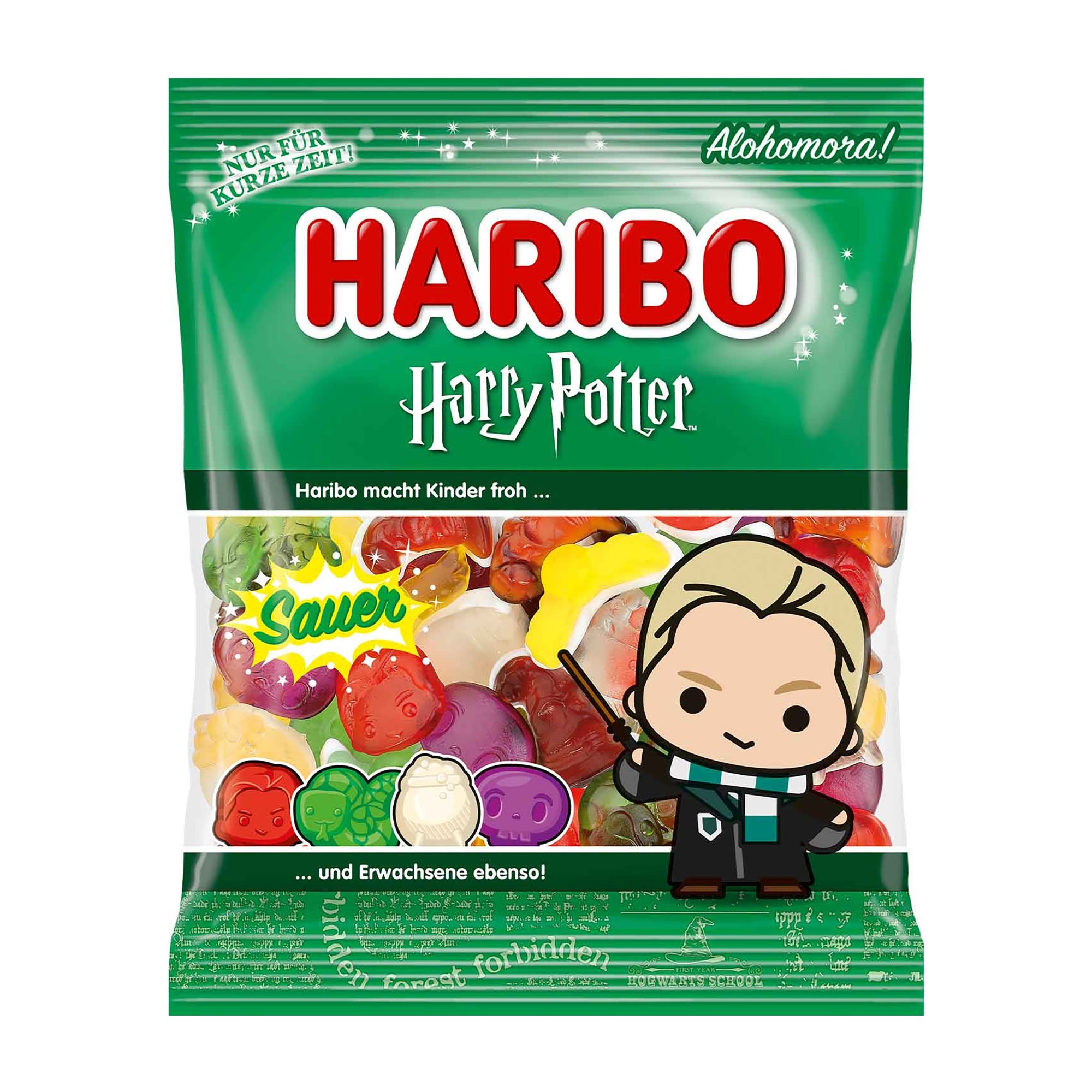Haribo Harry Potter candy package with colorful gummy candies and a Draco Malfoy character illustration on a green background.