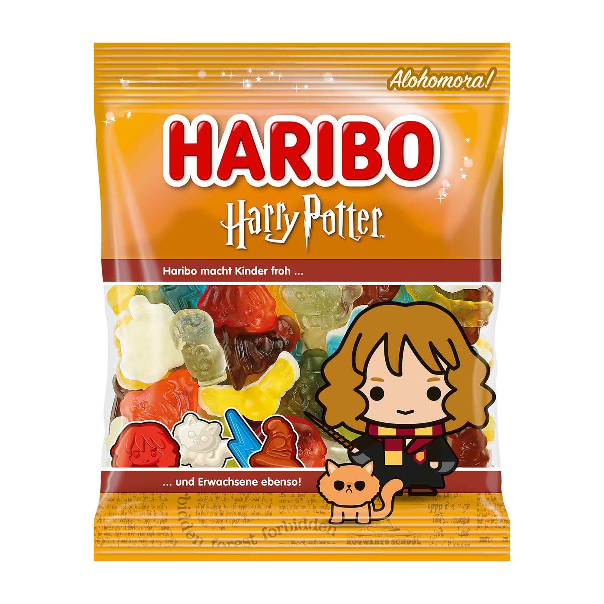 Haribo Harry Potter gummy candy package with Hermione Granger character on a white background