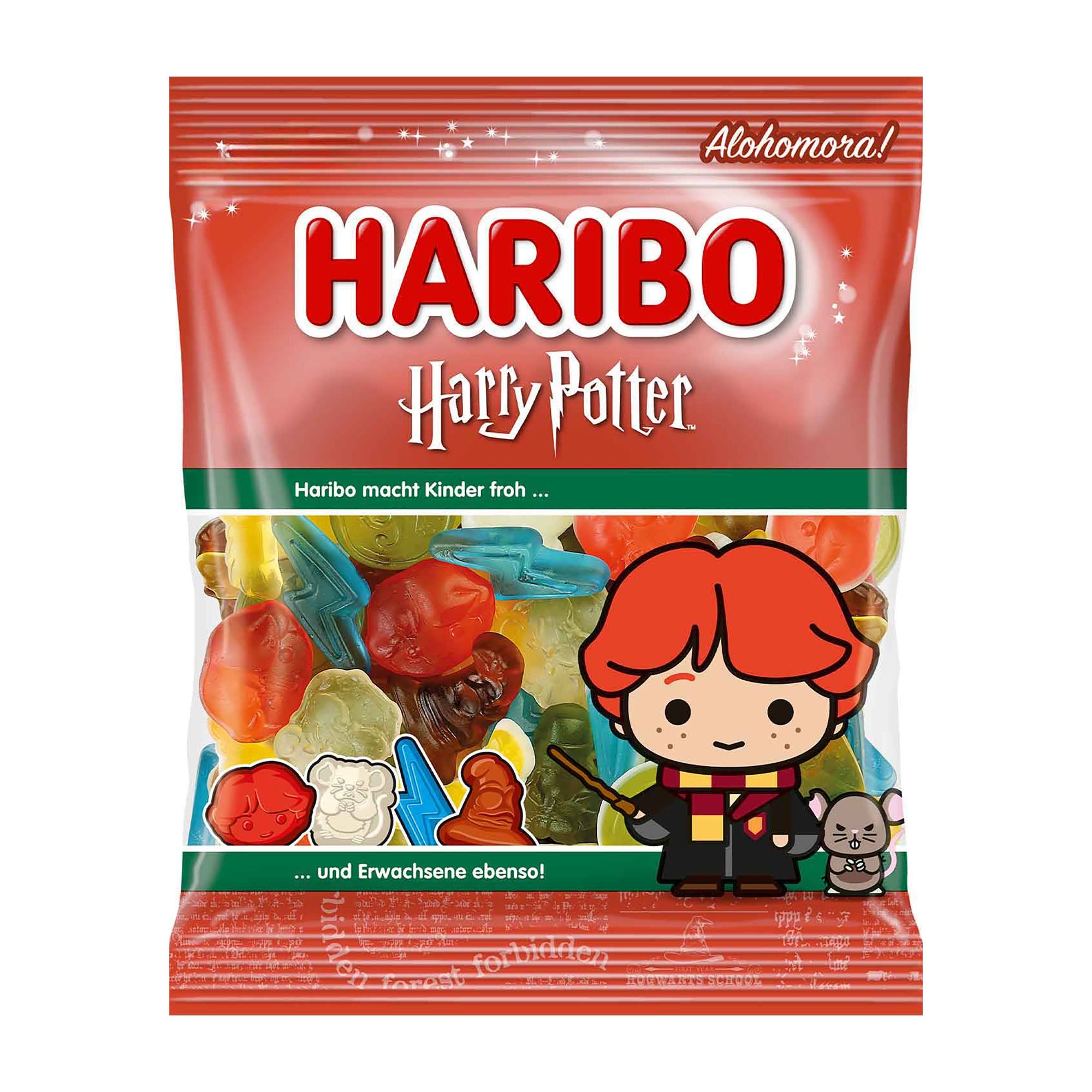 Haribo Harry Potter candy bag with Ron Weasley character and colorful gummy candies.