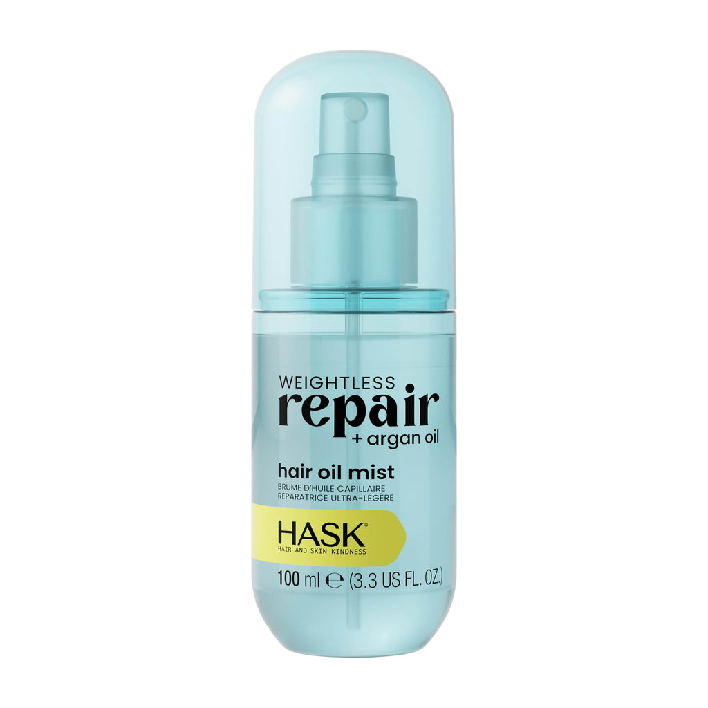 HASK Weightless Repair + Argan Oil hair oil mist bottle on a white background