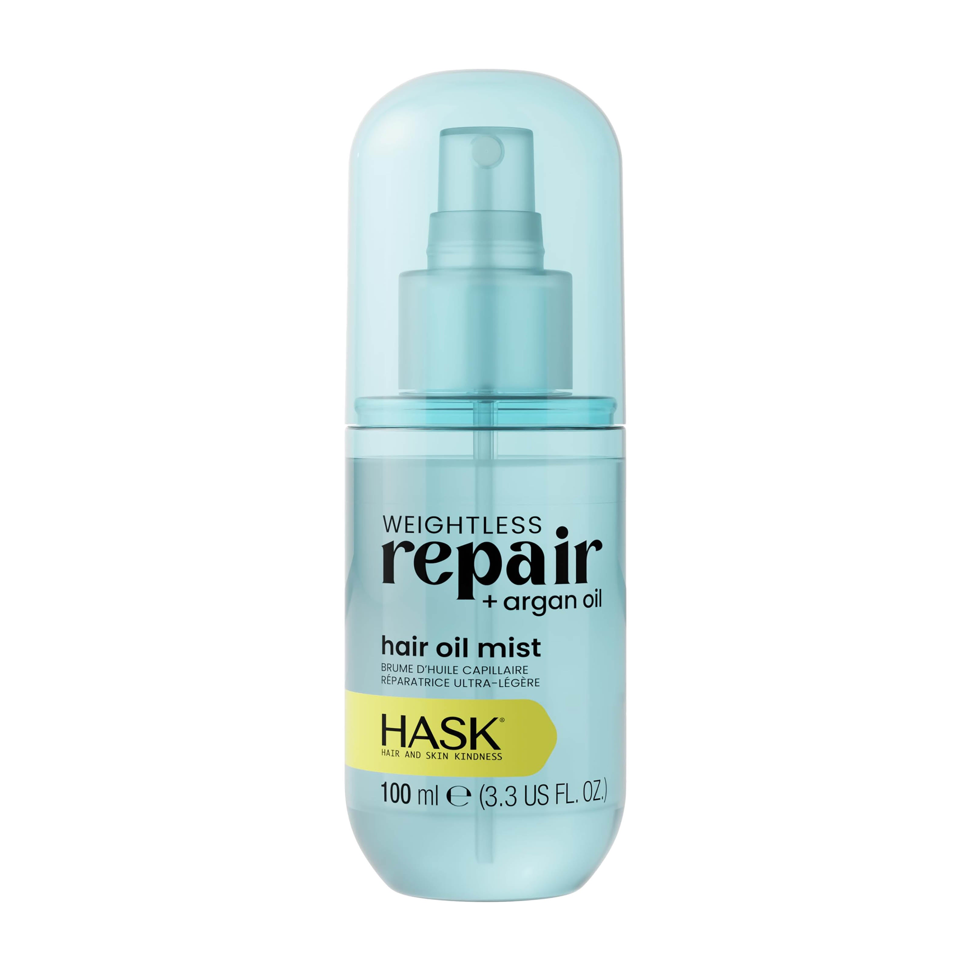 HASK Weightless Repair + Argan Oil hair oil mist bottle on a white background