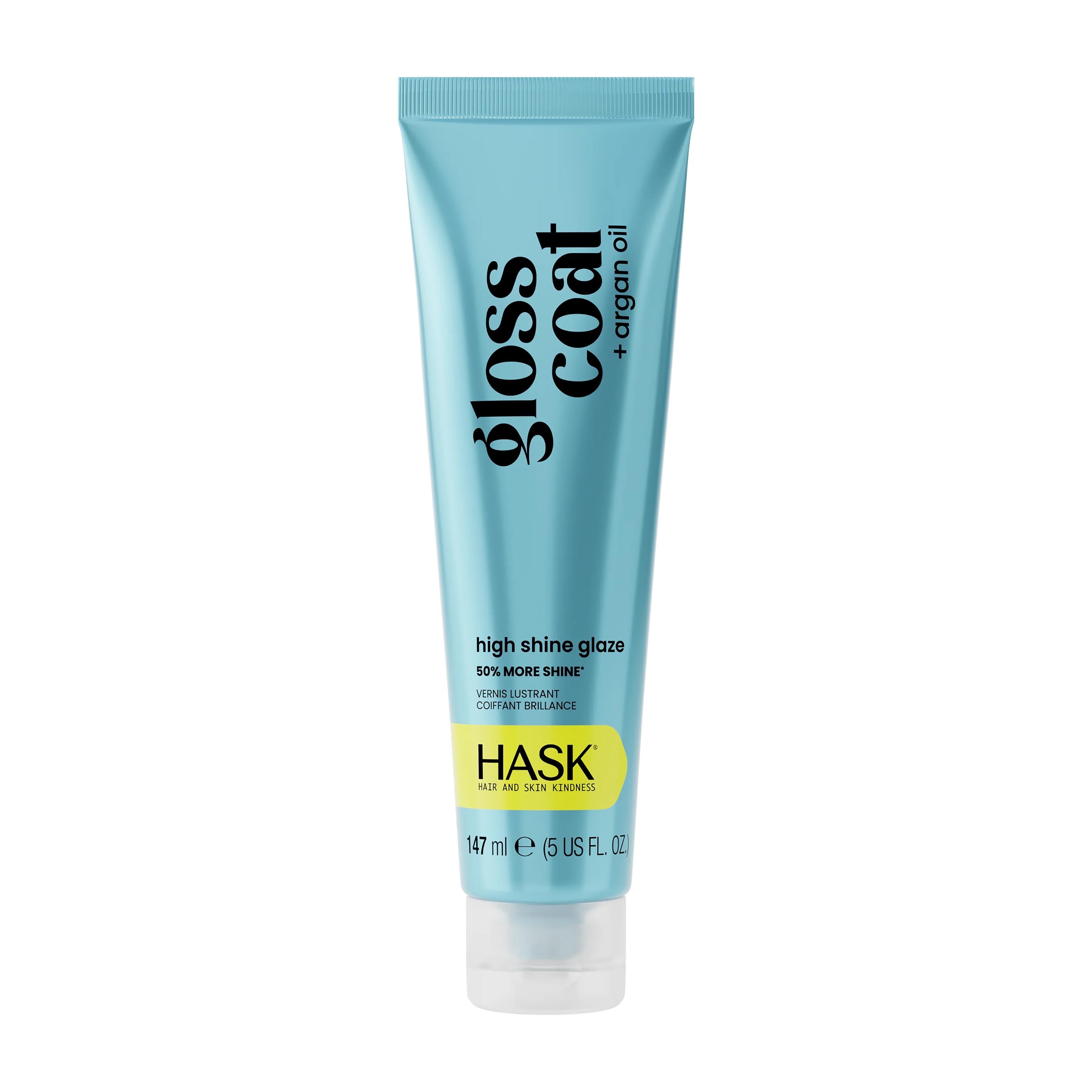 HASK Gloss Coat + Argan Oil high shine glaze tube on a white background