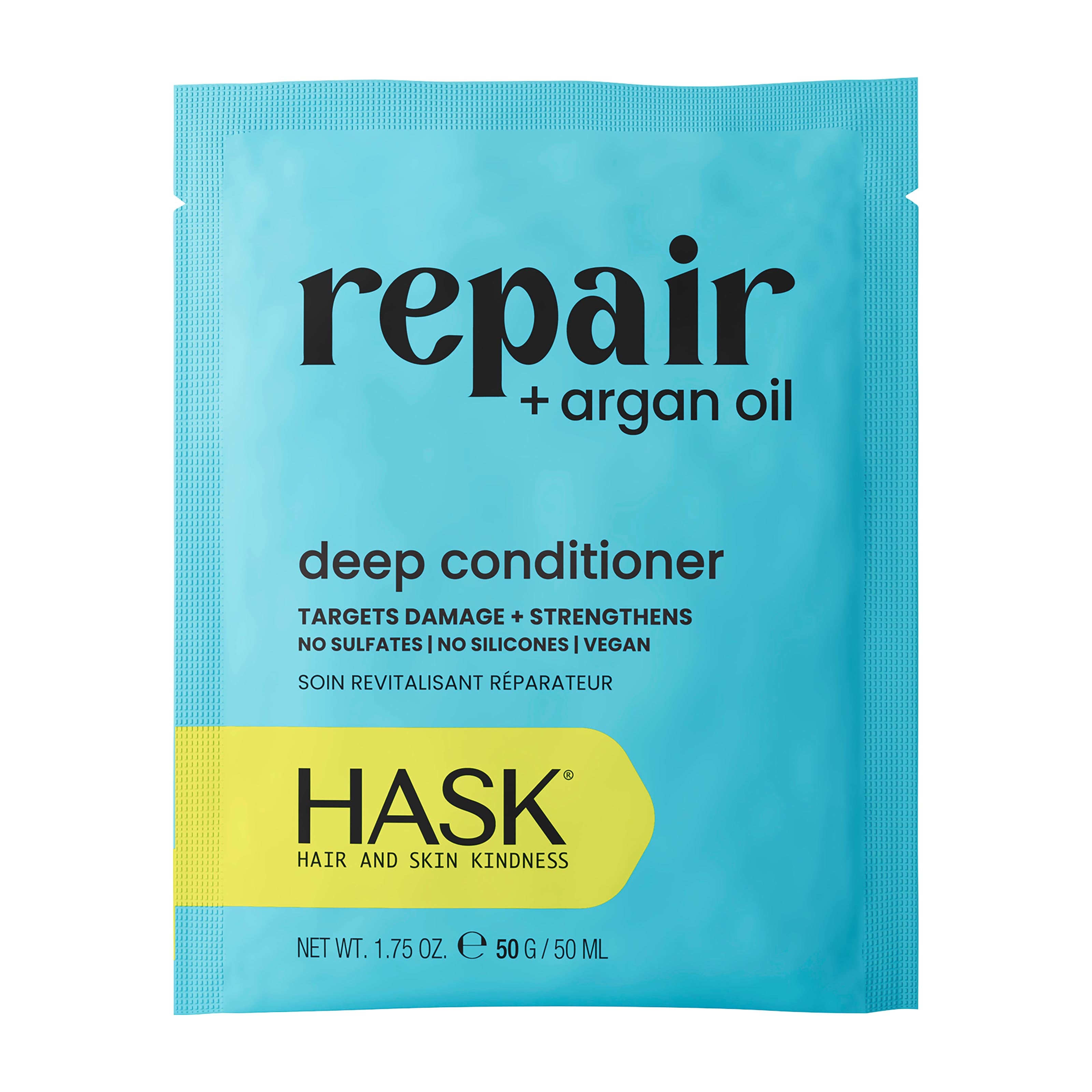 HASK Repair deep conditioner packet with blue and yellow design on a white background