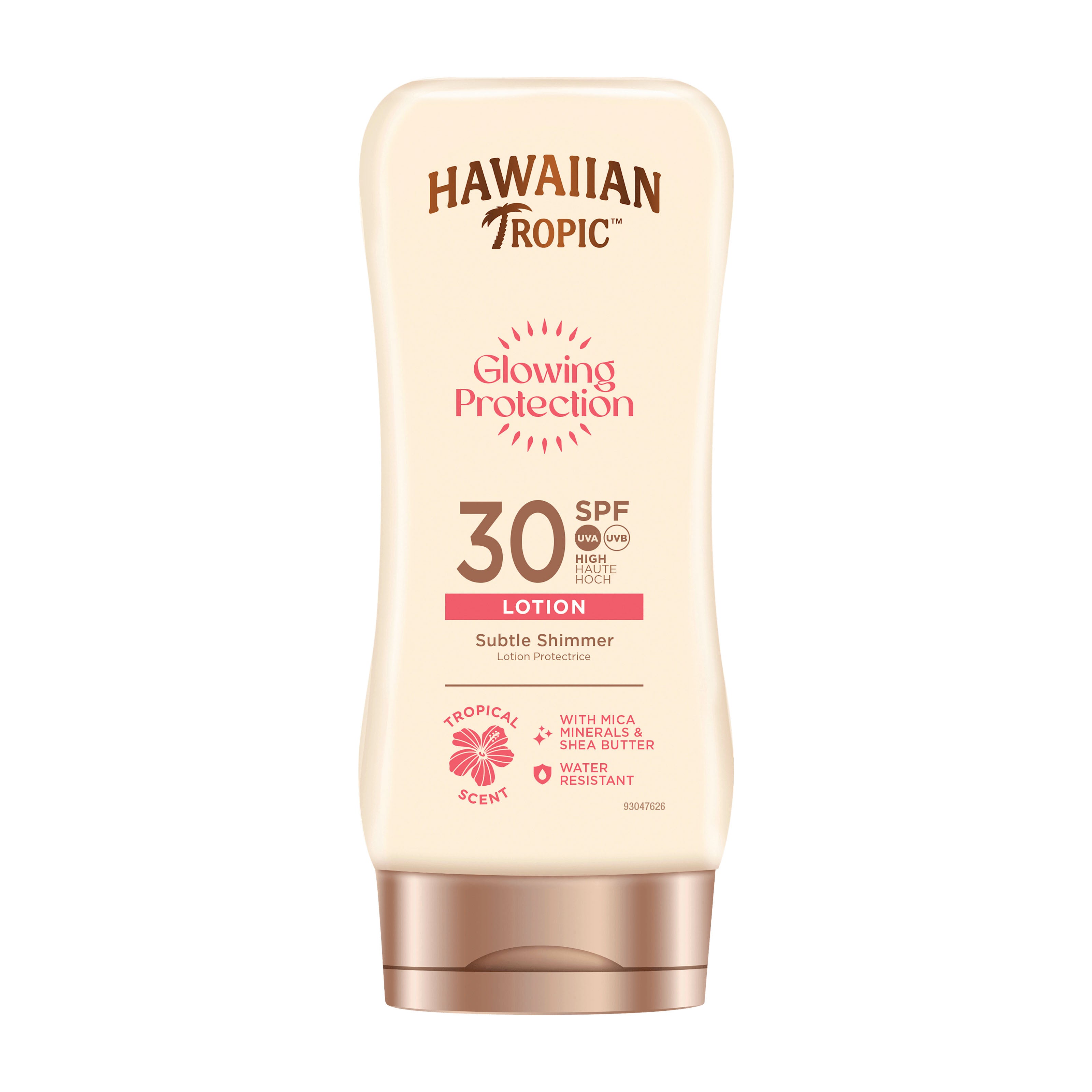Hawaiian Tropic Glowing Protection sunscreen lotion bottle with SPF 30 on a white background