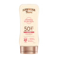 Hawaiian Tropic Glowing Protection sunscreen lotion bottle with SPF 50 on a white background