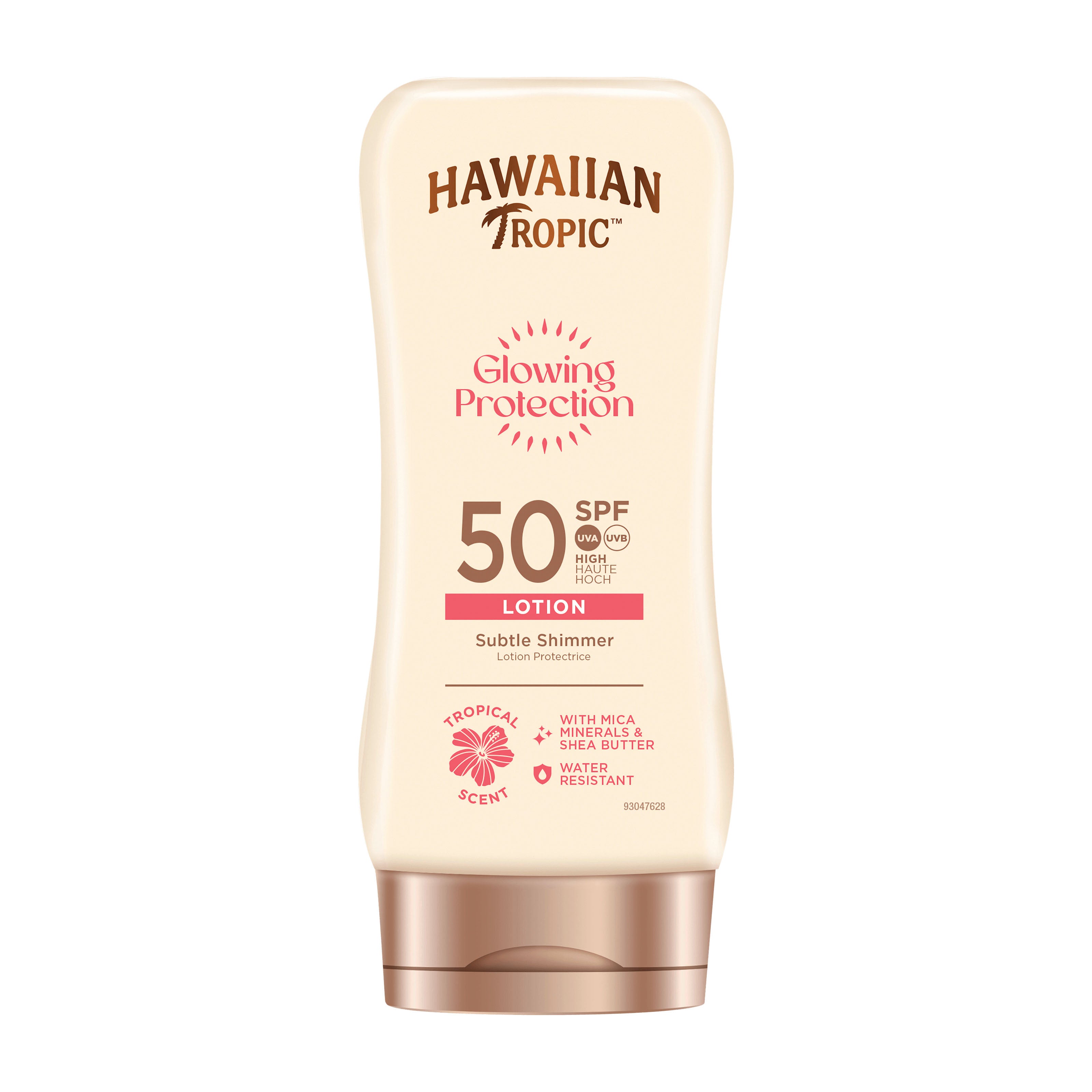 Hawaiian Tropic Glowing Protection sunscreen lotion bottle with SPF 50 on a white background