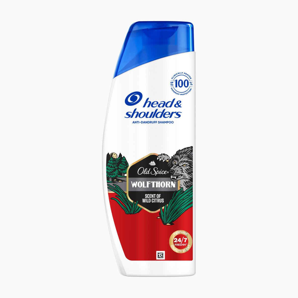 Head & Shoulders Old Spice Wolfthorn Anti-Dandruff Shampoo bottle, featuring a white body with a blue cap, red lower section, and wolf and forest graphics on a light gray background.