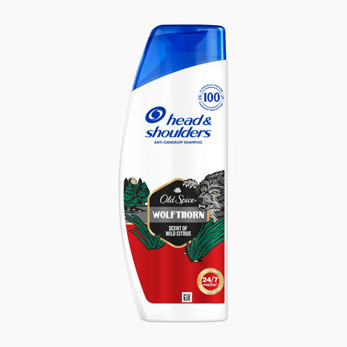 Head & Shoulders Old Spice Wolfthorn Anti-Dandruff Shampoo bottle, featuring a white body with a blue cap, red lower section, and wolf and forest graphics on a light gray background.