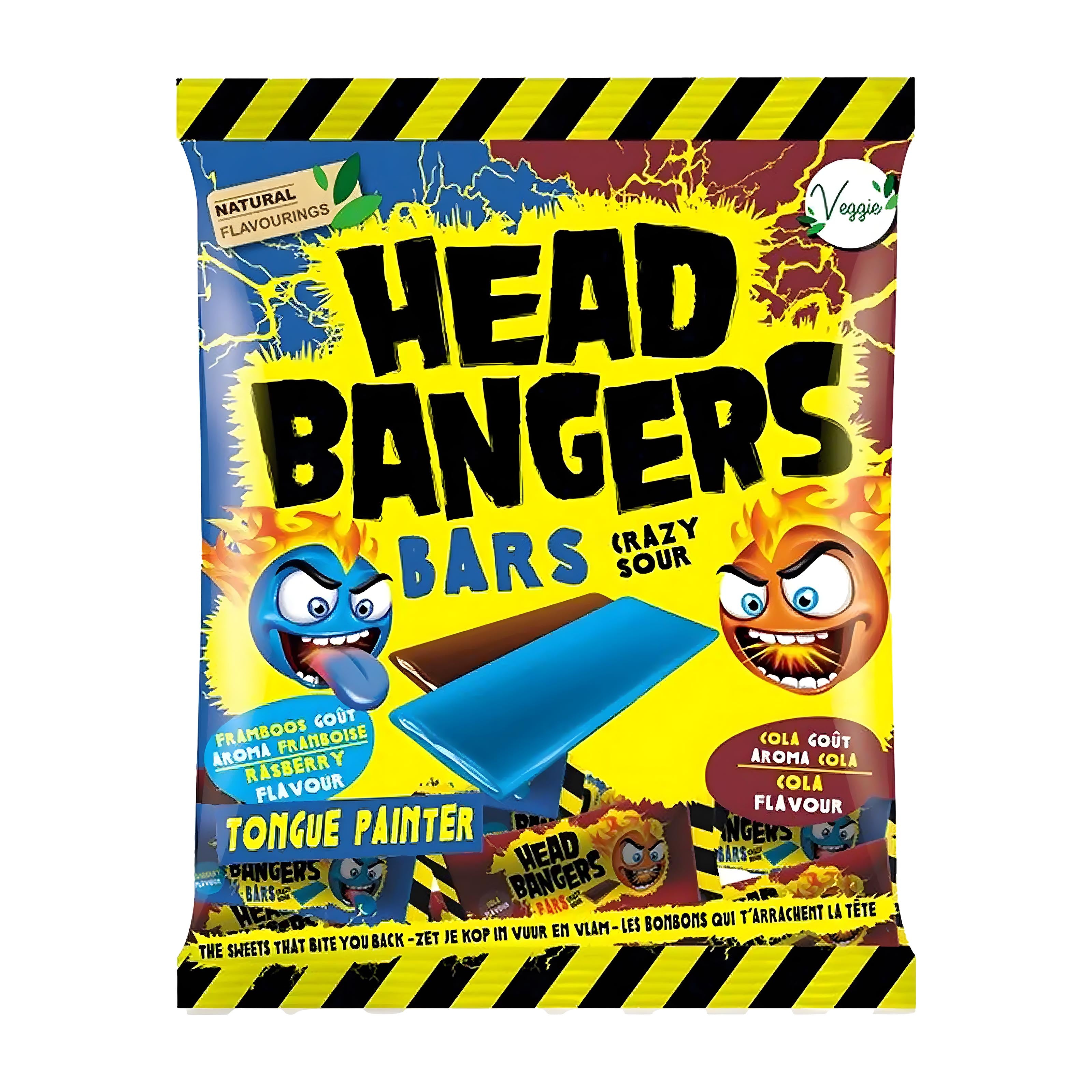 Packaging of Head Bangers Crazy Sour Bars with colorful design and text.
