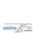 Sensodyne healthy white toothpaste packaging on a white background