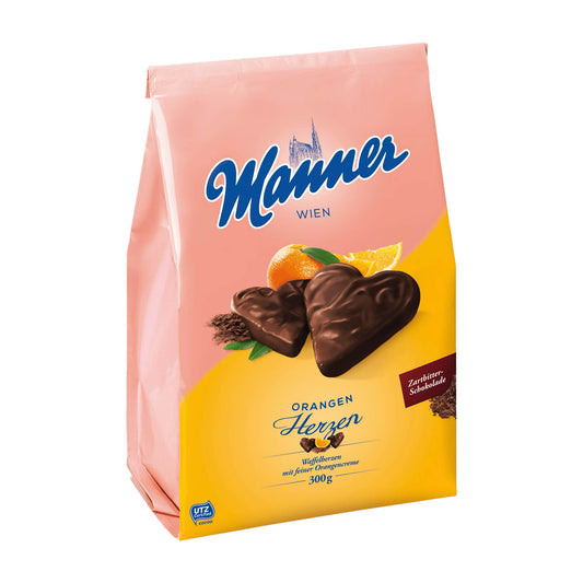 Manner Herzen Waffelherzen Orange Zartbitterschokolade, 300 g