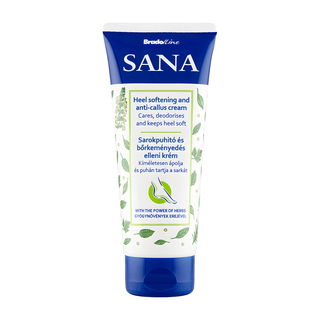 A tube of Sana heel softening and anti-callus cream with product information in multiple languages.