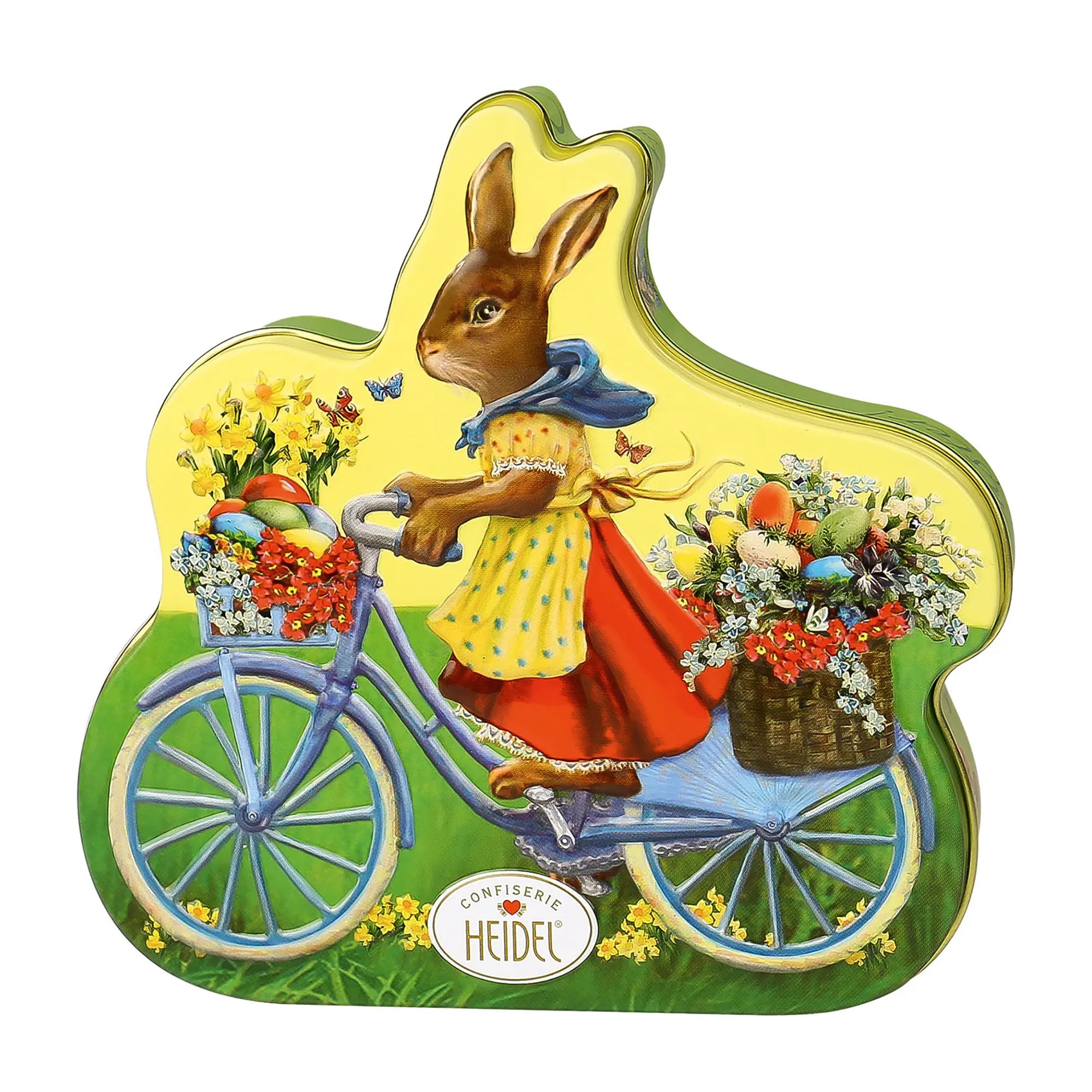 Heidel Easter Nostalgia Gift Tin Pralines with a Vintage-style Easter bunny on a bicycle with flowers, wearing a yellow dress and red skirt, on a white background.
