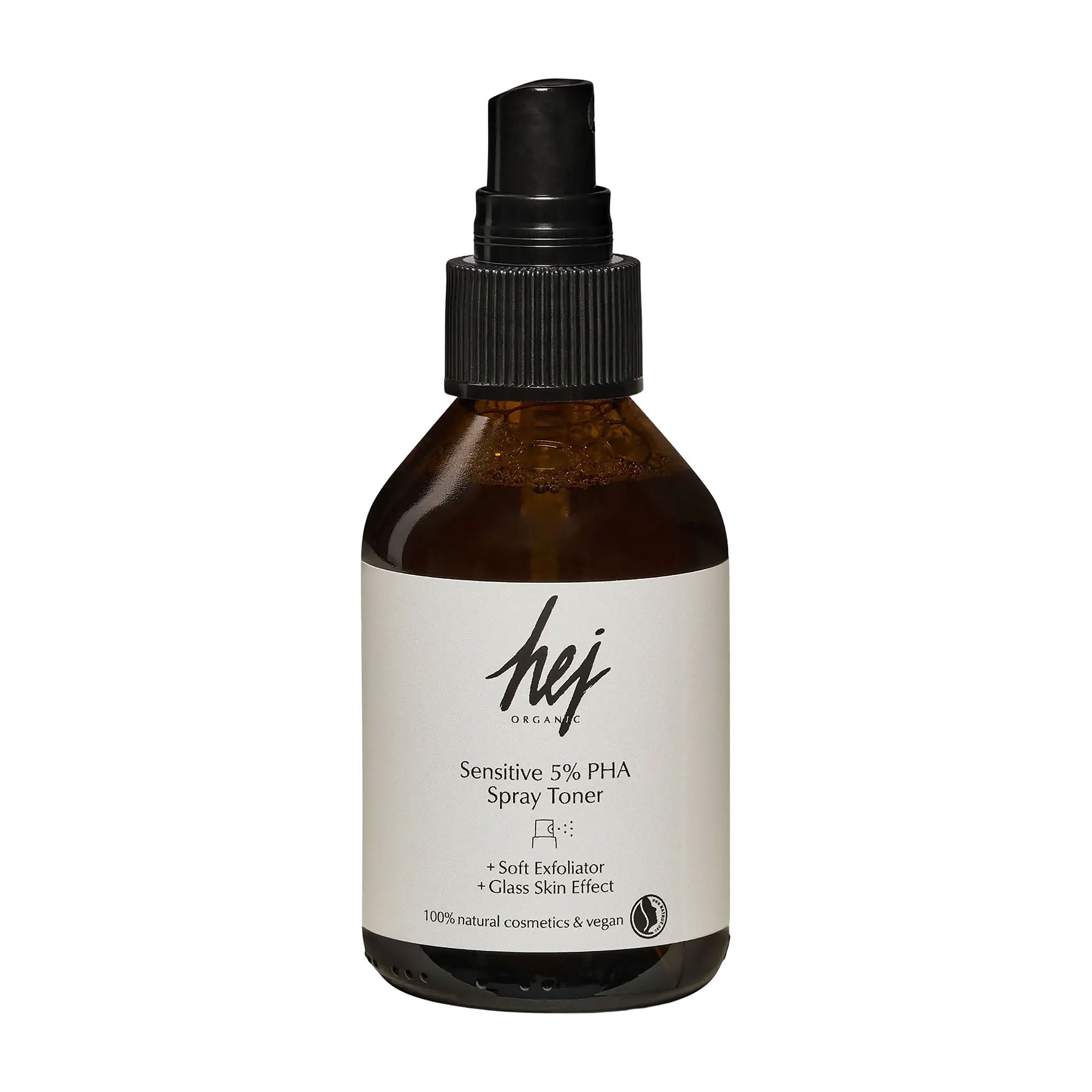 Bottle of hej organic sensitive 5% PHA spray toner on a white background