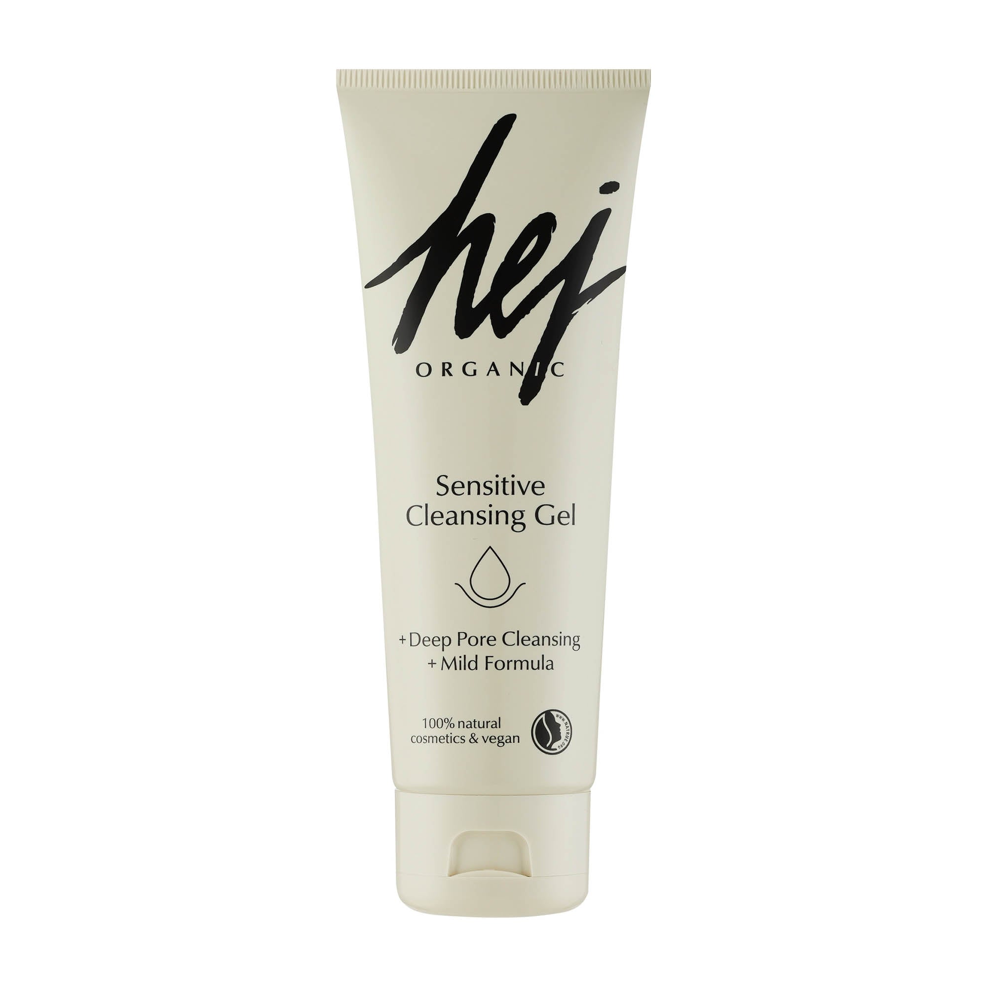 Tube of hej organic sensitive cleansing gel on a white background