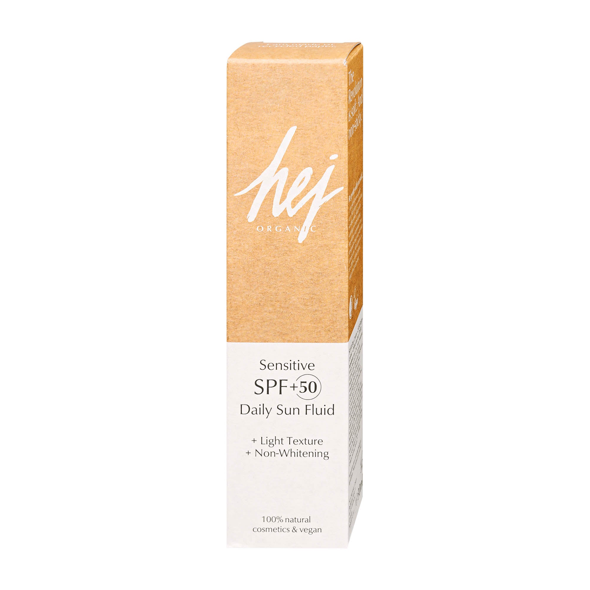 HEJ Organic Sensitive SPF 50+ Daily Sun Fluid packaging on a white background