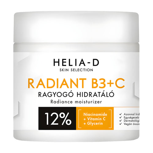 Helia-D Radiant B3+C radiance body moisturizer jar on a white background