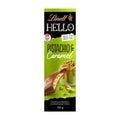 Lindt Hello Pistachio & Caramel milk chocolate bar packaging on a white background