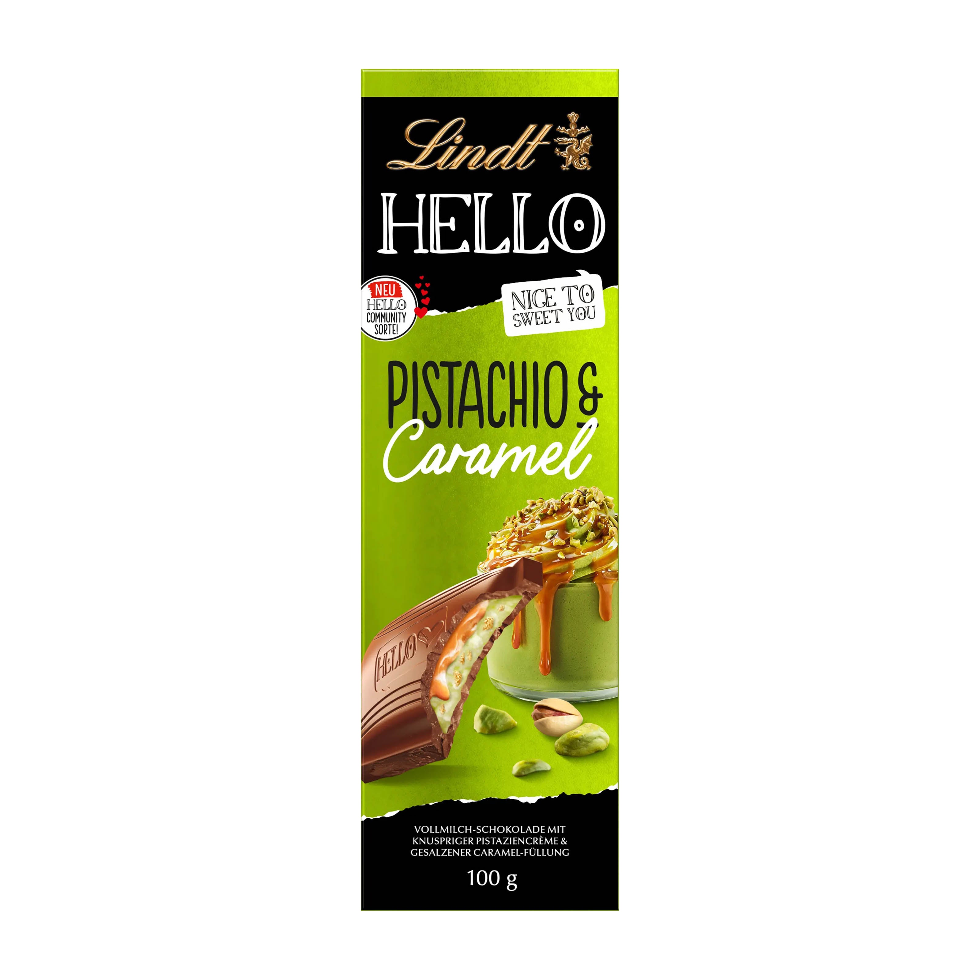Lindt Hello Pistachio & Caramel milk chocolate bar packaging on a white background