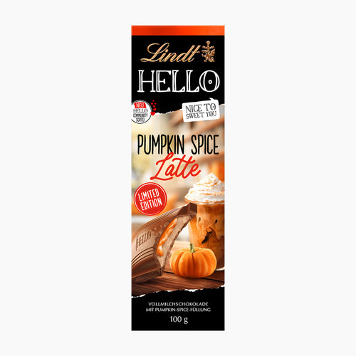 A Lindt Hello Pumpkin Spice Latte milk chocolate bar package, featuring a black background with orange and white text, a pumpkin, and a chocolate-dipped drink illustration.