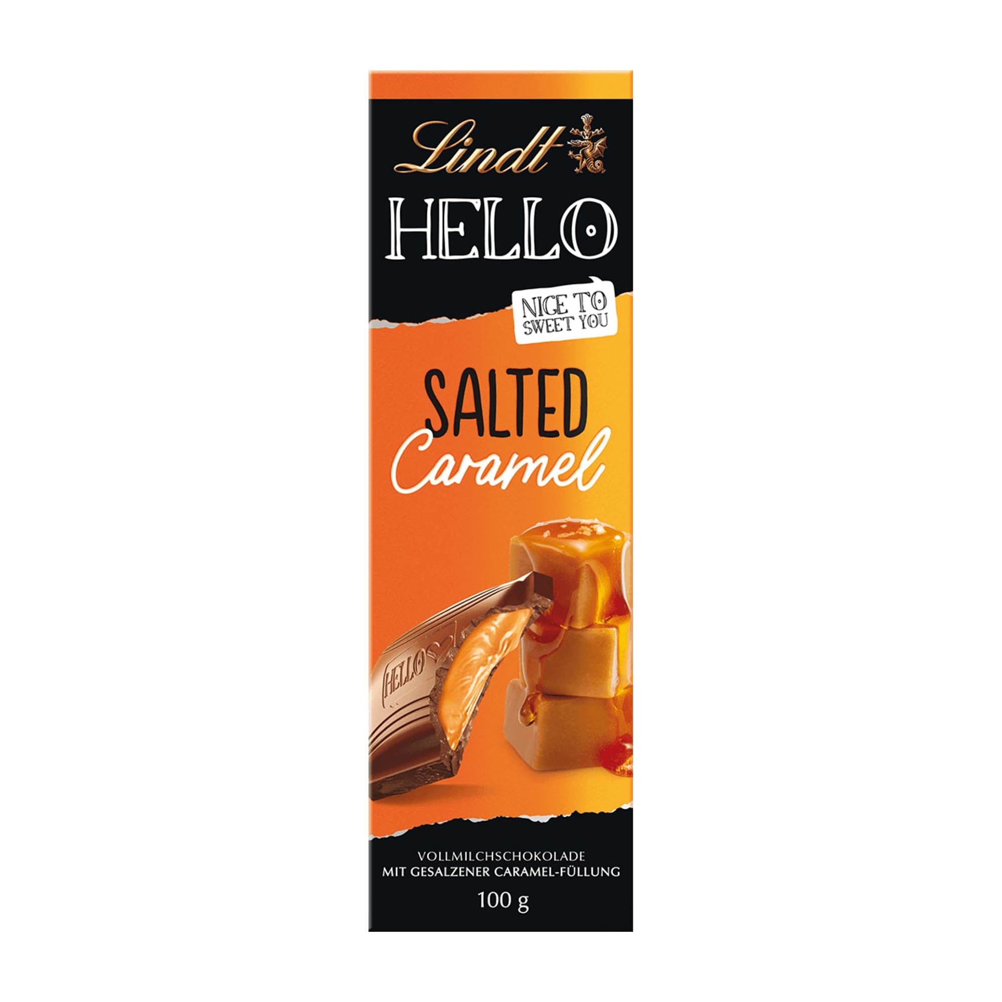 Packaging of Lindt Hello Salted Caramel milk chocolate bar, 100 g, with the bar visible in the foreground.