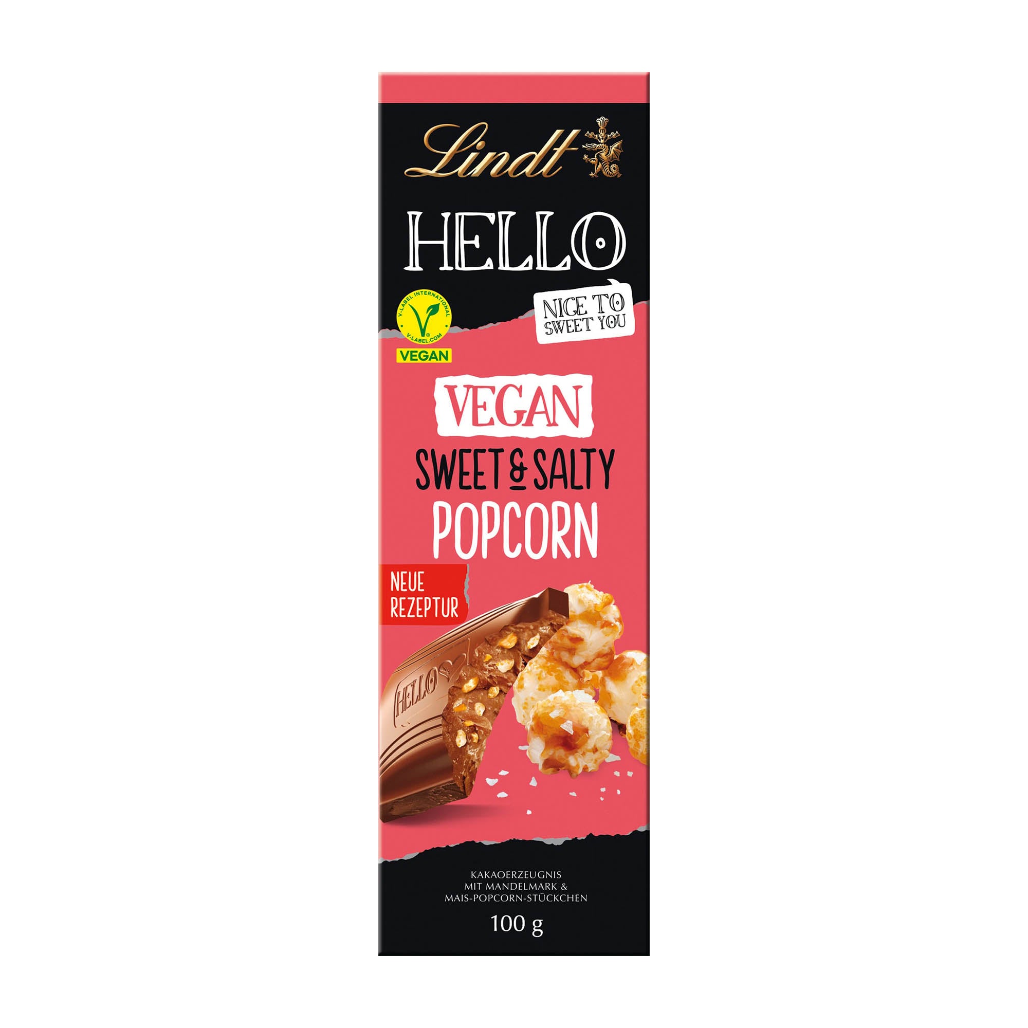 Packaging of Lindt Hello Vegan Sweet & Salty Popcorn chocolate bar, showing the bar and the popcorn pieces, with the Lindt logo and the 'vegan' label.