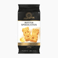 A 200g package of Henry Lambertz butter spekulatius speculoos cookies, featuring a glossy black and white bag with gold accents and an illustration of the golden-brown cookies.