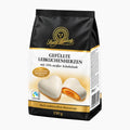 A bag of Henry Lambertz Filled Gingerbread Hearts White Chocolate on a light gray background.