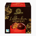 A box of Henry Lambertz Lebkuchen Konfekt Bratapfel Gingerbread Confections Baked Apple, featuring a dark brown and red design with gold illustrations and a photo of two chocolate-covered gingerbreads on the front.