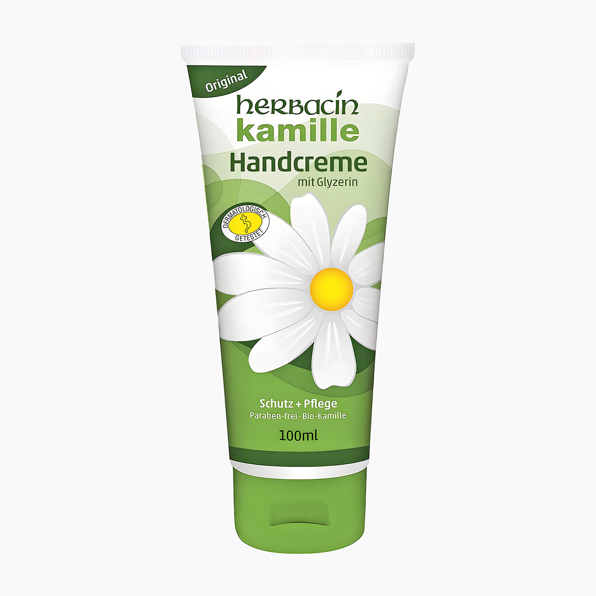 Herbacin Chamomile Hand Cream tube on a light gray background.