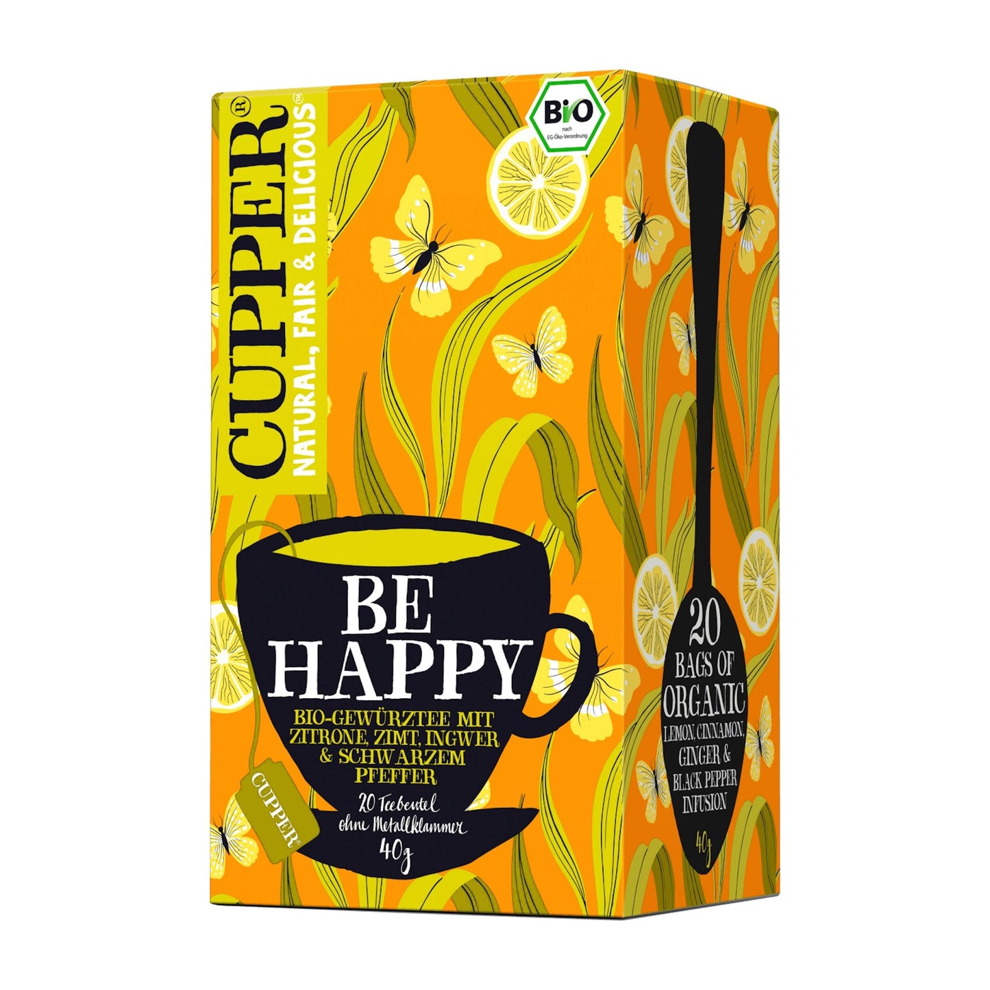 Cupper Be Happy lemon, cinnamon, ginger & black pepper spiced tea, 20 Count