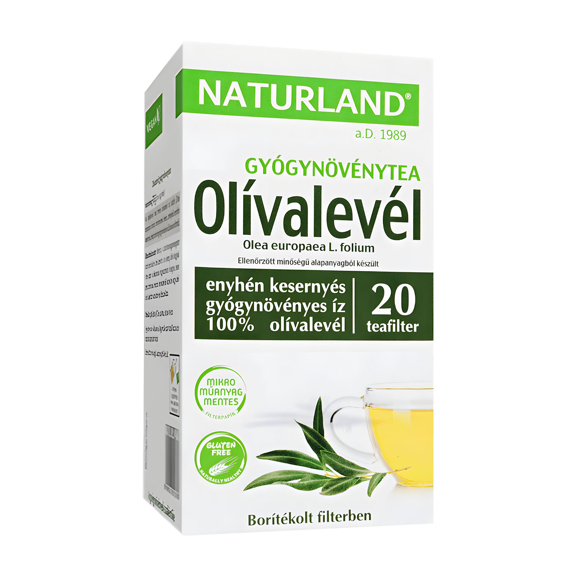 Naturland Olive Leaf herbal tea box on a white background