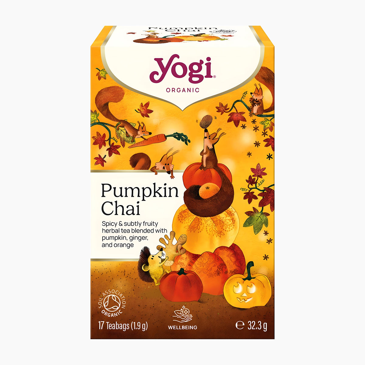 A box of Yogi Organic Pumpkin Chai herbal tea, featuring a warm autumnal illustration with pumpkins, leaves, and small animals on a light gray background.