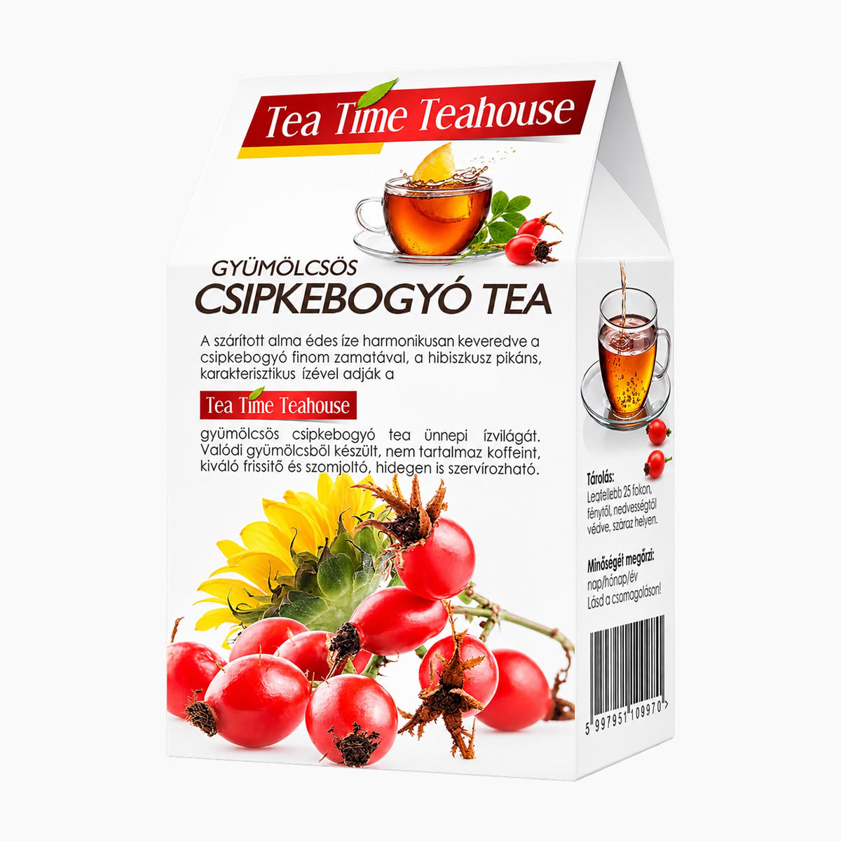 Tea Time Teahouse Fruity Rosehip herbal tea box, featuring illustrations of rosehips, a yellow sunflower, and a glass o tea on a white background.