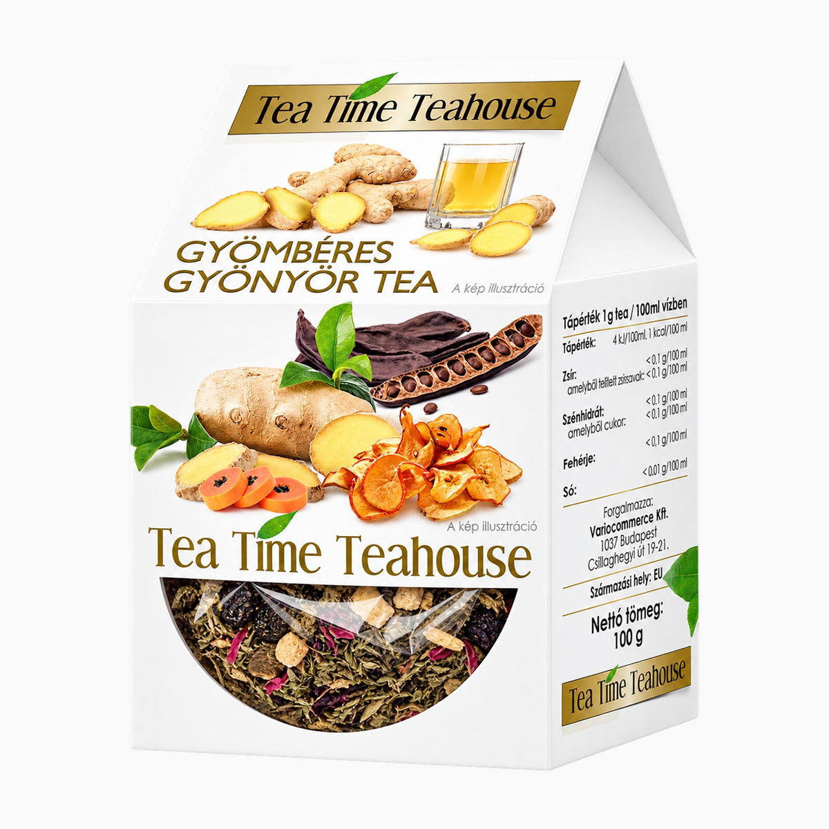 A triangular white tea box for Tea Time Teahouse Ginger Bliss Herbal Tea on a light gray background.