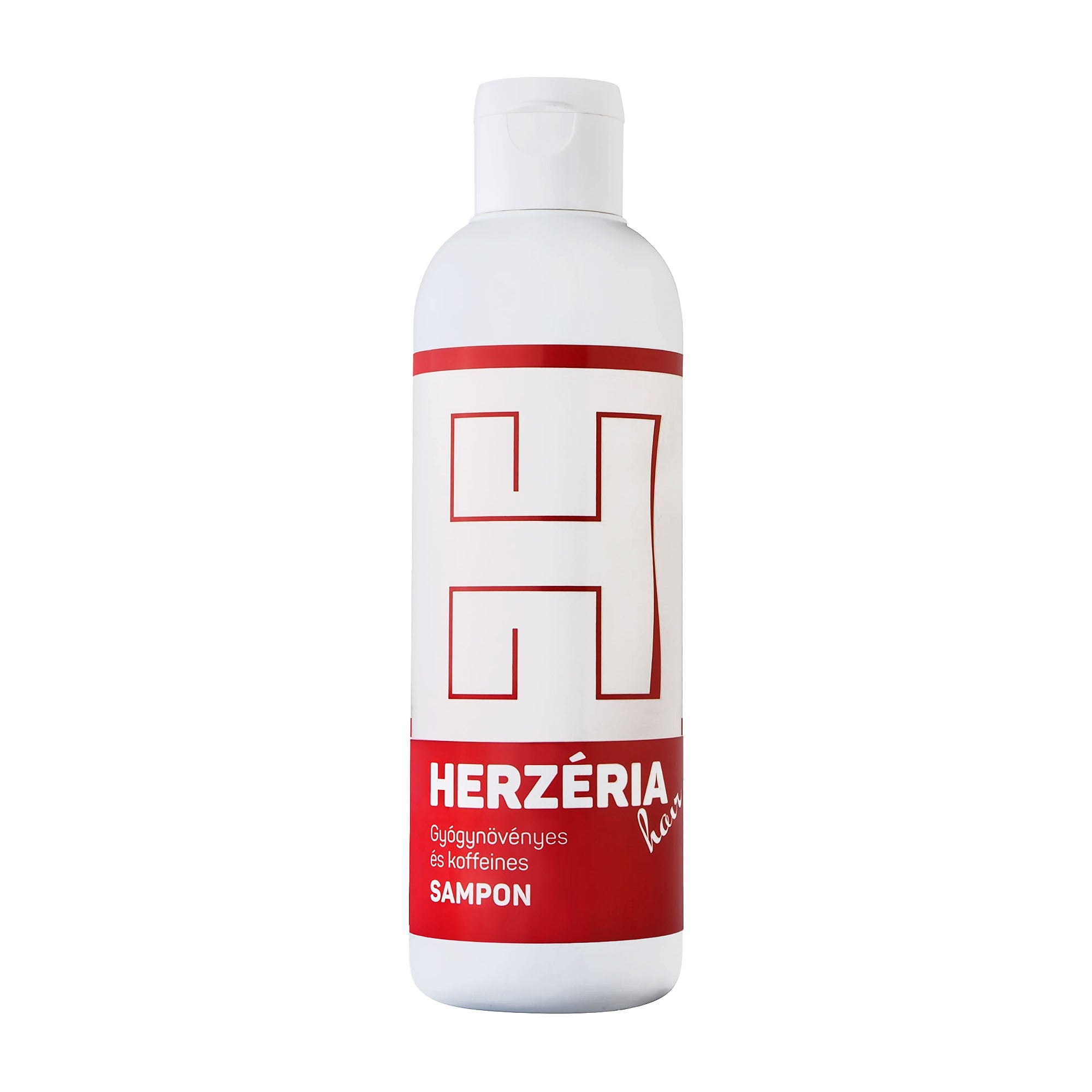 Herzeria shampoo bottle with red and white label on a white background