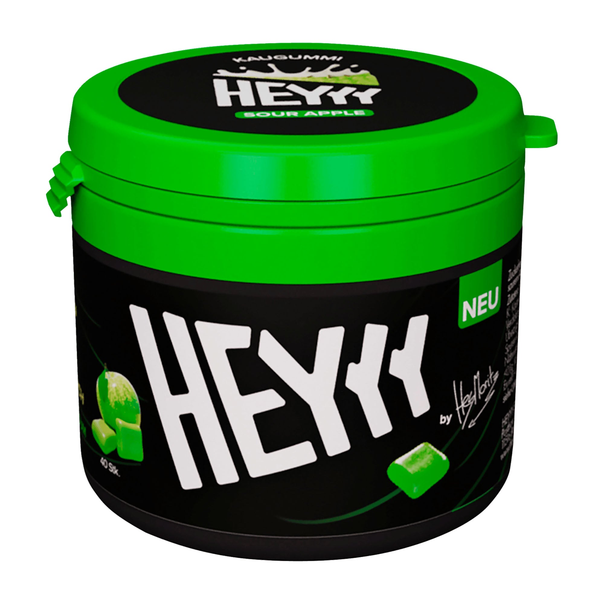 Green and black container of HEYY Sour Apple chewing gum on a white background