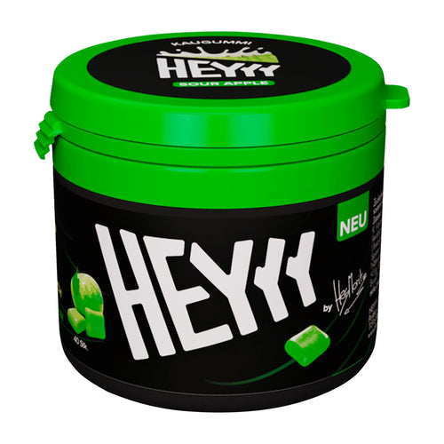 Green and black container of HEYY Sour Apple chewing gum on a white background