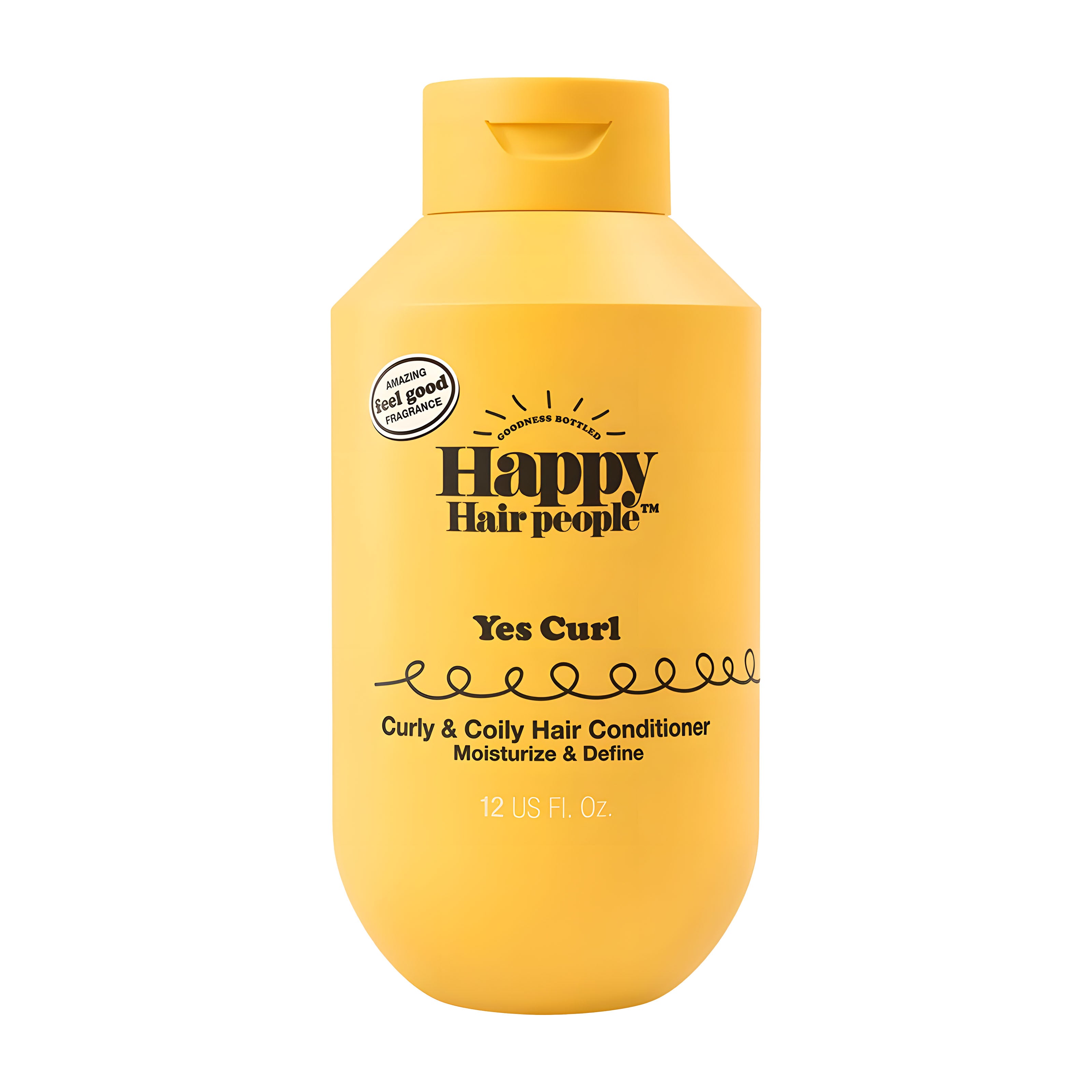 Yellow bottle of Happy Hair People Yes Curl conditioner on a white background