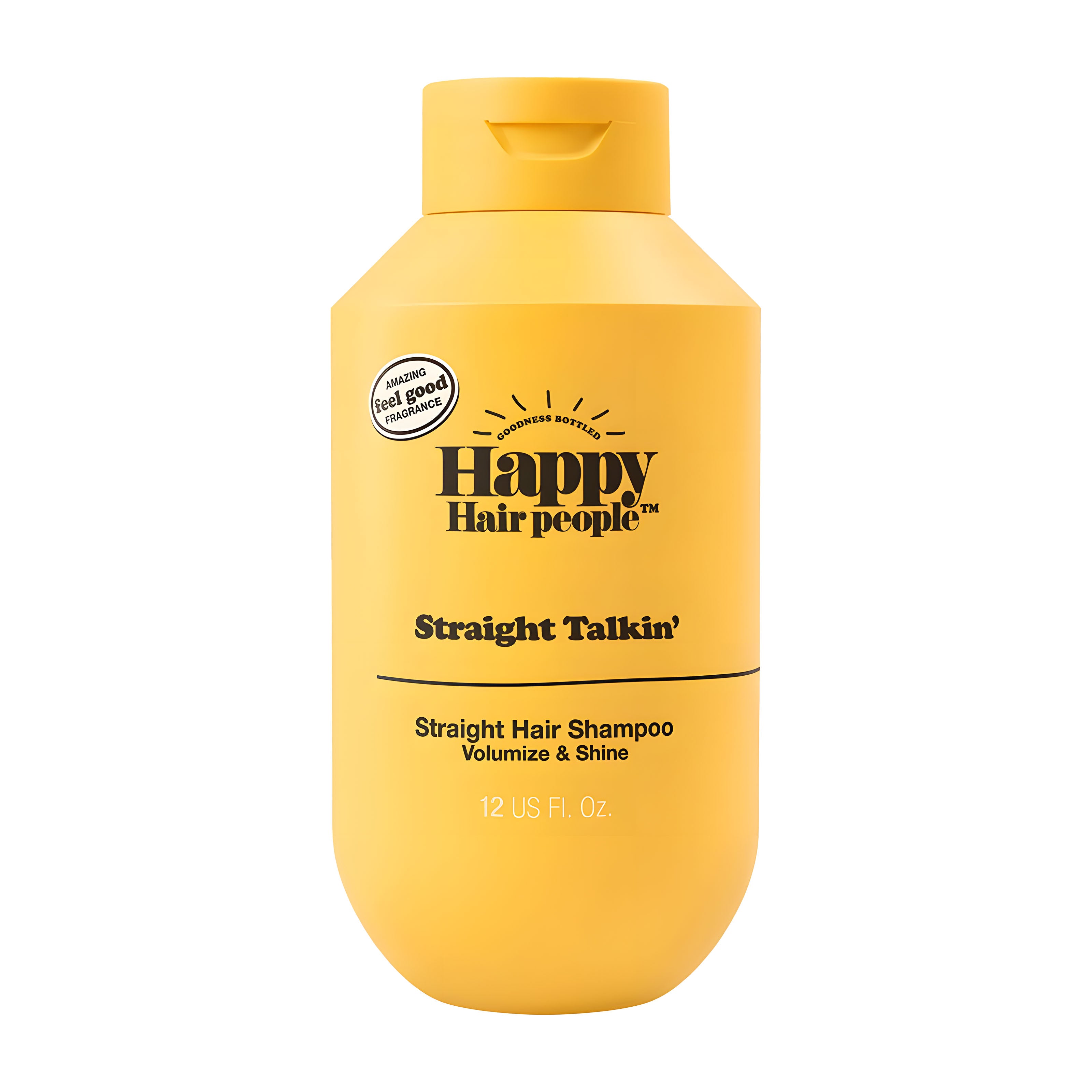 Yellow bottle of Happy Hair People Straight Talkin' Shampoo on a white background