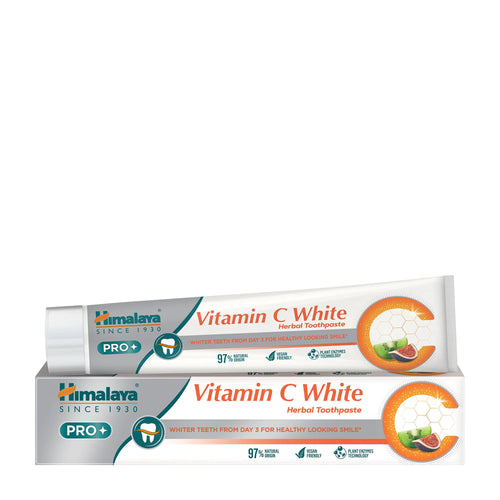Himalaya Pro Vitamin C White Herbal Toothpaste tube and packaging on a white background.