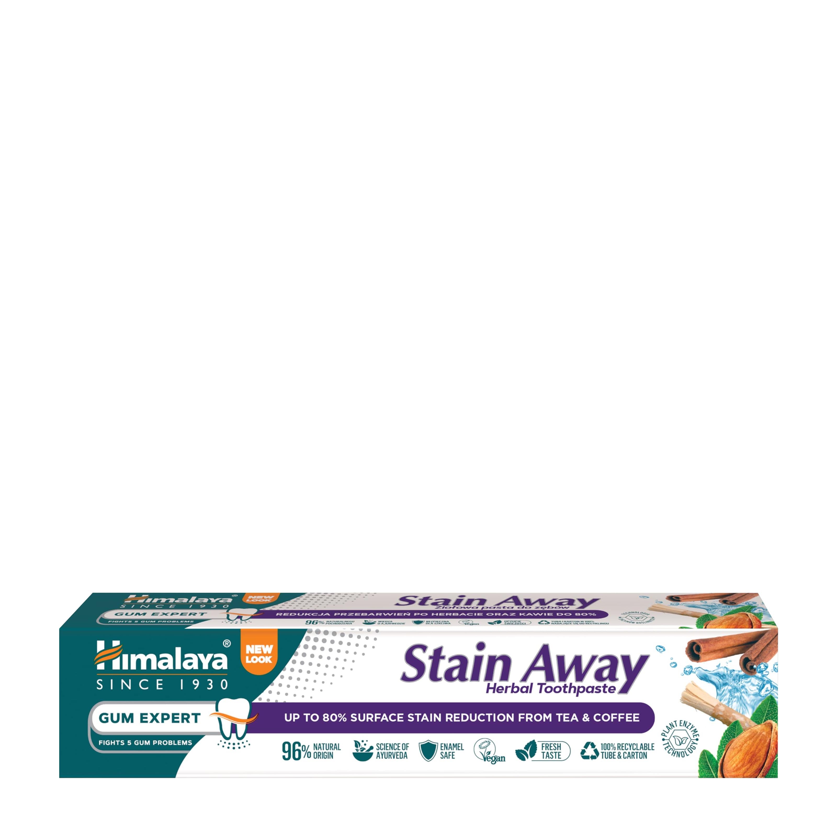 A box of Himalaya Stain Away Herbal Toothpaste, Gum Expert variant, shown against a plain white background.
