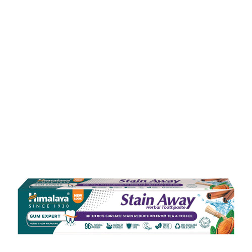 A box of Himalaya Stain Away Herbal Toothpaste, Gum Expert variant, shown against a plain white background.