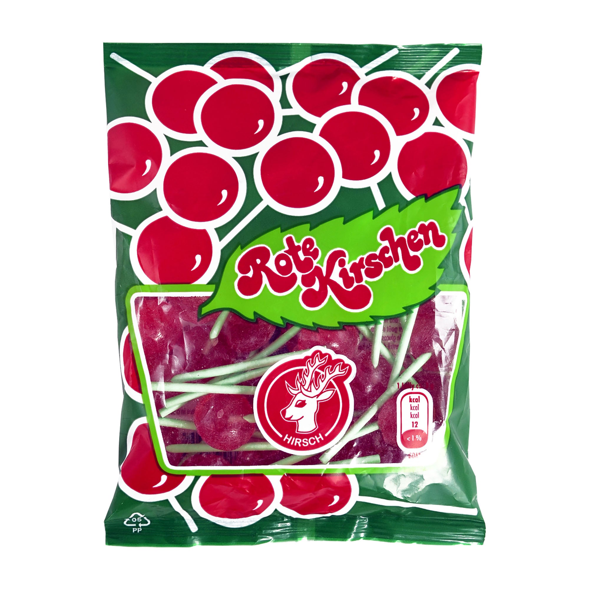 Packaging of Hirsch Red Cherries lollipops with green and red design.