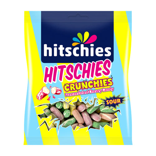 Packaging of hitschies Crunchies Sour chewy candy with colorful design and text.